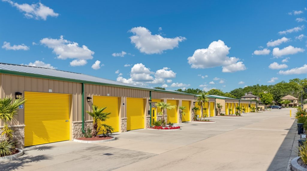Texas homeowner examining climate-controlled storage unit with HVAC system protecting furniture and electronics from extreme heat and humidity in Cypress area facility