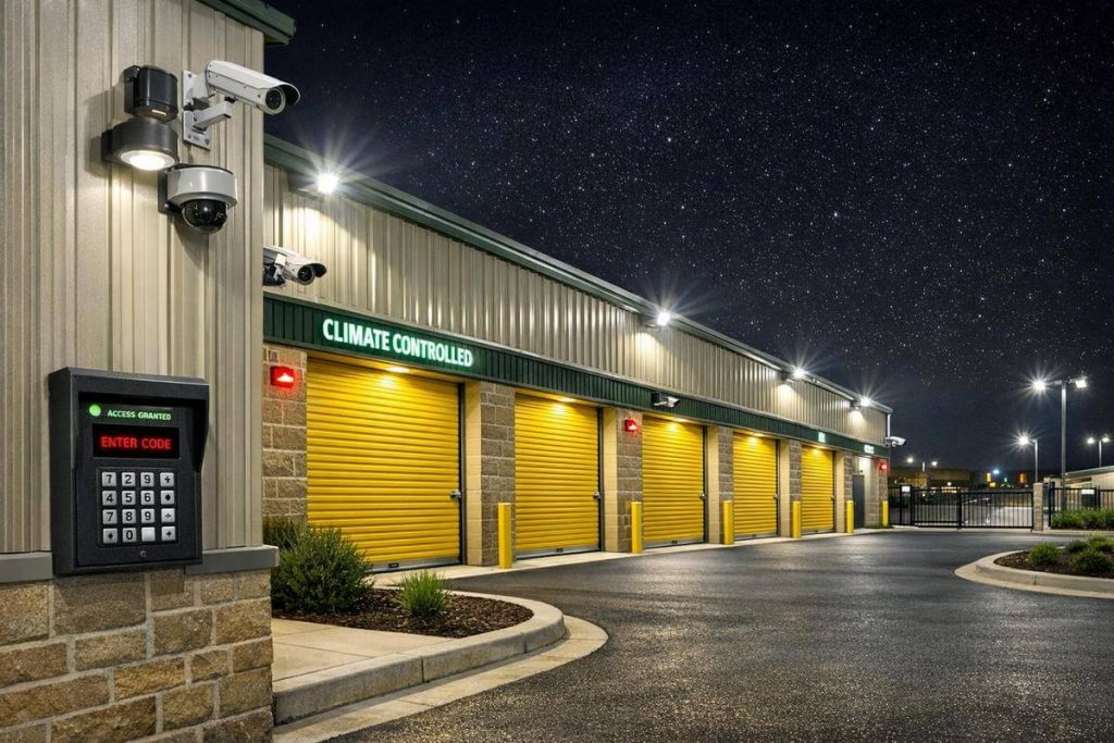 Cypress business owner using secure keycard access system at modern 24/7 storage facility with surveillance cameras and climate-controlled units for inventory and document protection